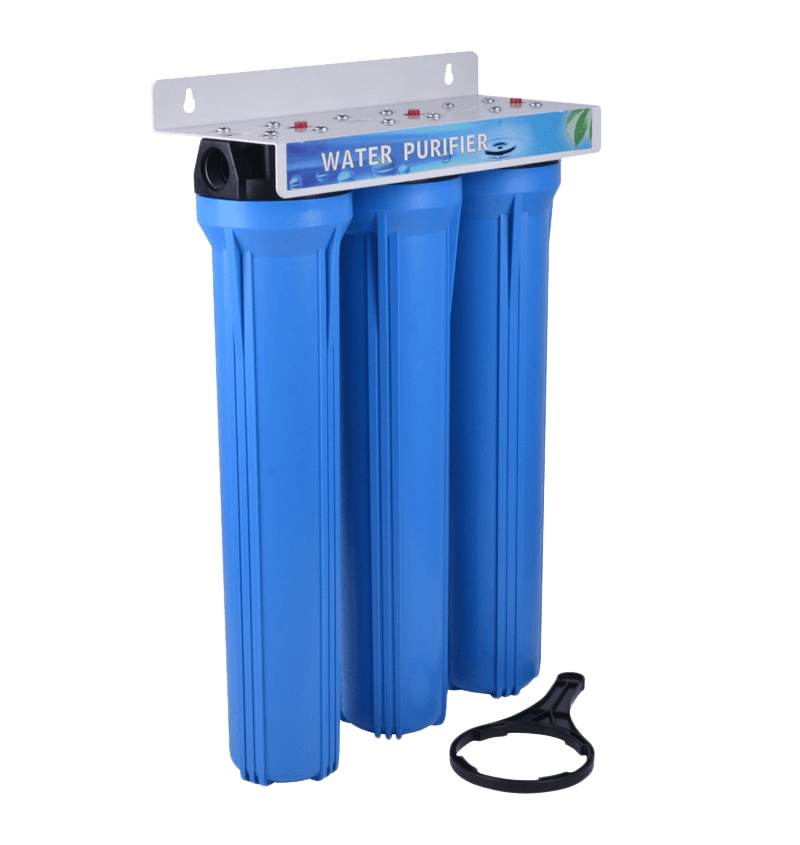 detail of 3 fasen 20 inch slanke blauwe behuizing waterfilter H-BK03